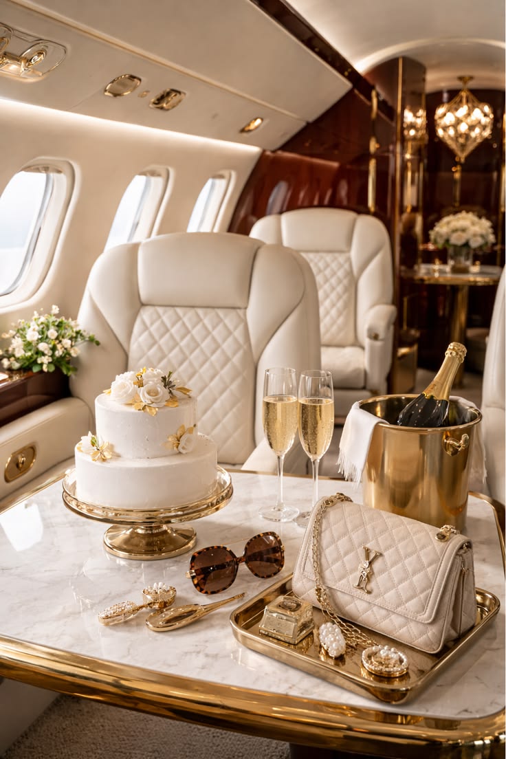 Private jet cabin with champagne and flowers