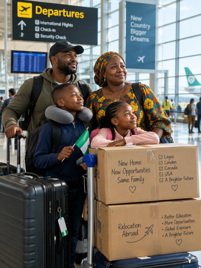 Family with luggage and boxes at an airport departures hall
